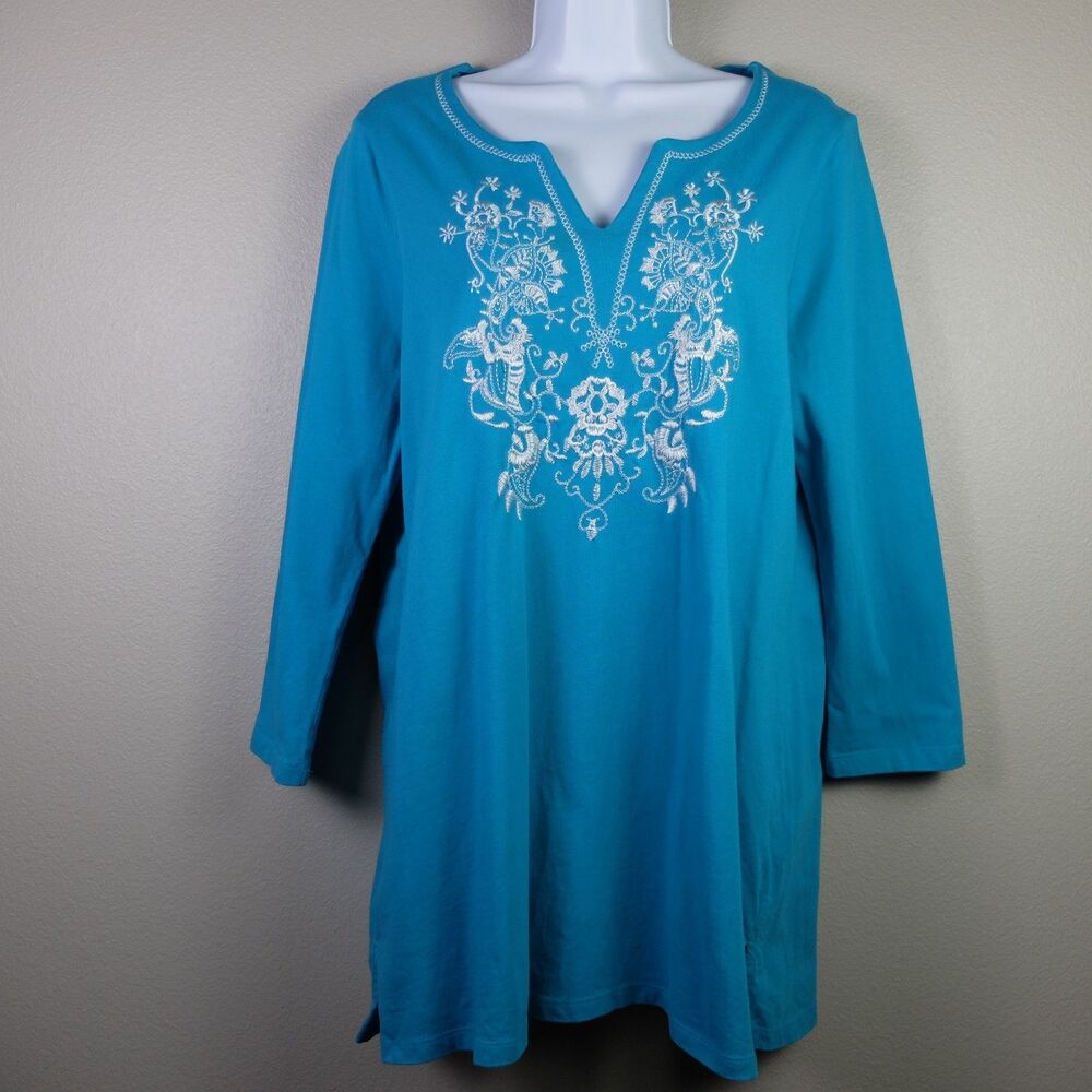 Belk Kim Rogers Embroidered Front 3/4 Sleeves Tunic Top Size Large
